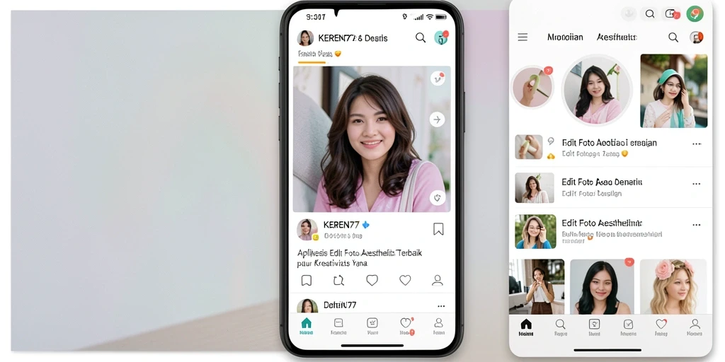 Tampilan antarmuka KEREN77 yang modern dan fitur Edit Foto Aesthetic yang lengkap.